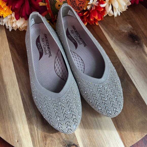 Skechers Womens Arch Fit Cleo - Glitzy Sky Flats Sz 6 in Taupe Textile/Synthetic - Picture 3 of 10